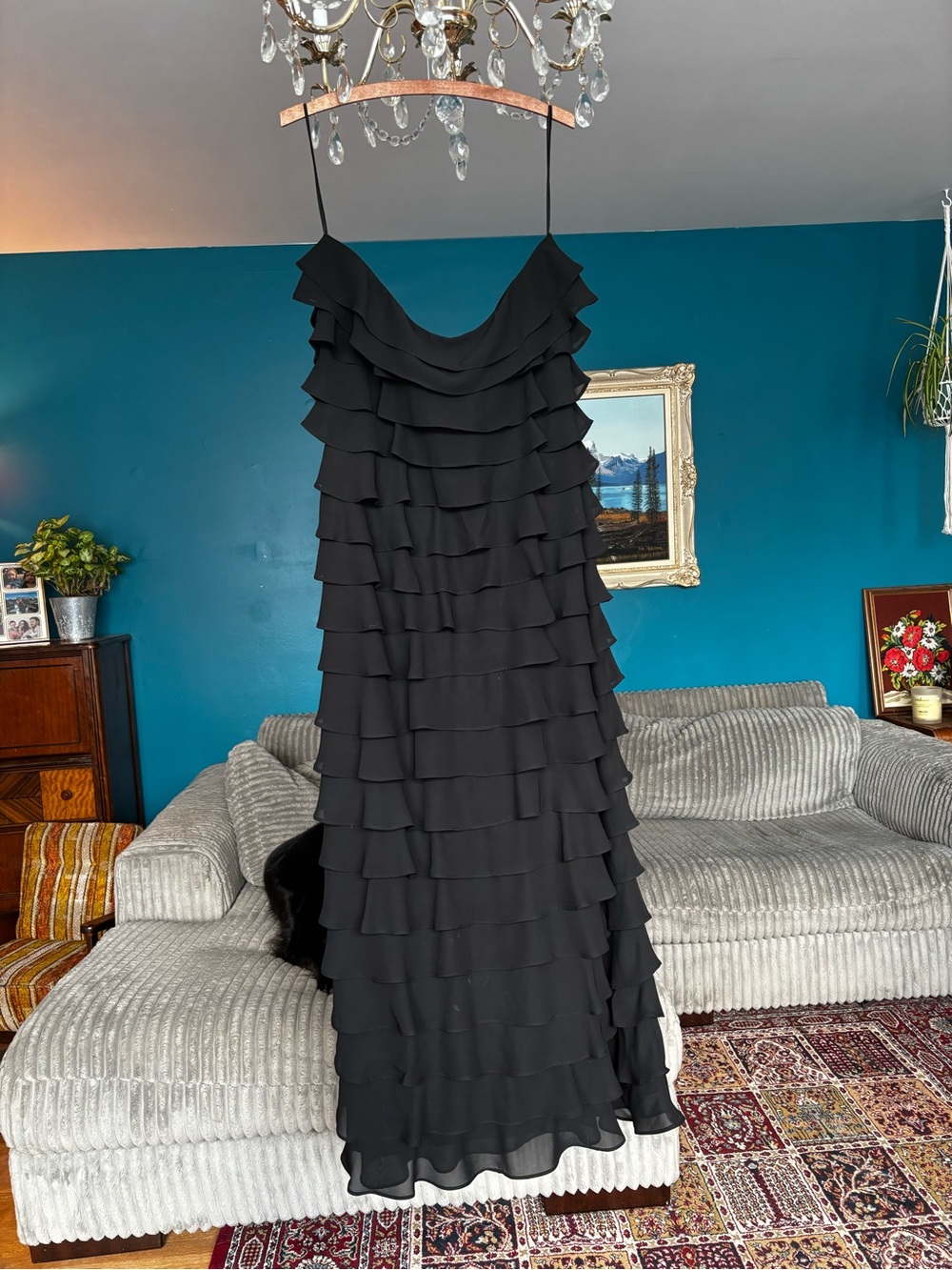 Vintage Jessica Black Strapless Ruffle Tiered Evening Dress Y2K mid size plus